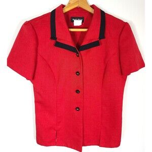 80s Vintage Red Karis Place Short Sleeve Blouse with Shoulder Pads